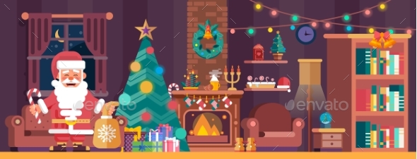 Merry Christmas Interior With Spruce And Santa - Christmas Seasons/Holidays