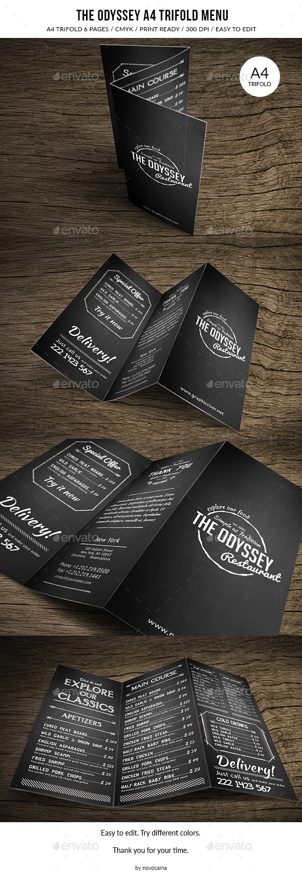 Odyssey A4 Trifold Menu - Food Menus Print Templates
