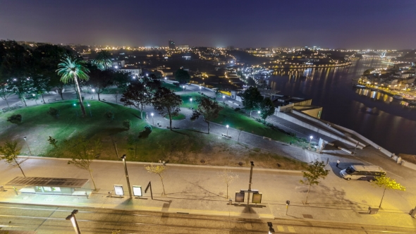 Jardim Do Morro In Vila Nova De Gaia And Porto Cityscape Night  In Portugal, Historic City Centre. alt