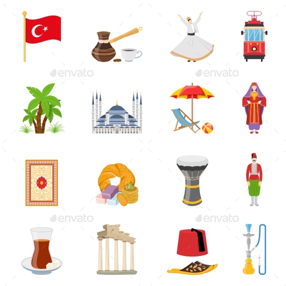 Turkey Flat Colored Icons Set