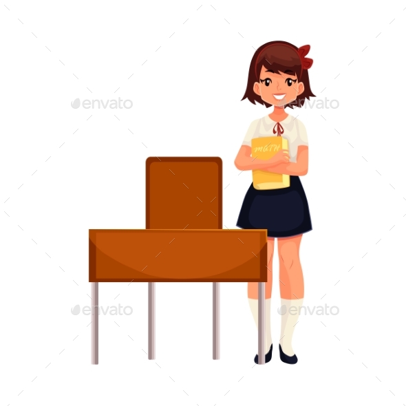 Clever School Girl Sitting At The Desk With Open - People Characters