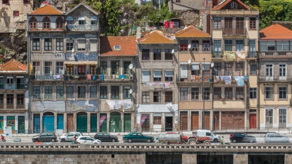 Traditional Quaint Houses In The Old, Vintage And Touristic Ribeira District Of Porto At Sunny Day alt