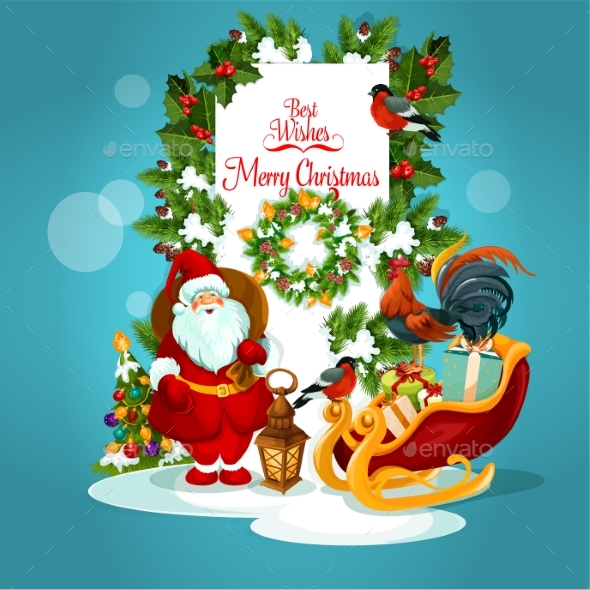 Christmas Greeting Card with Santa and Xmas Tree - Christmas Seasons/Holidays