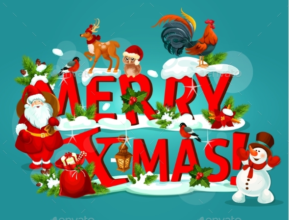Merry Christmas Poster with Snowy Letter and Santa - Christmas Seasons/Holidays