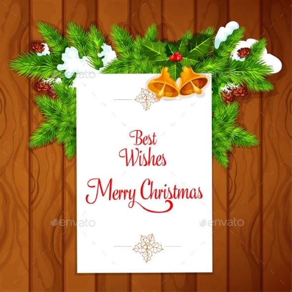 Xmas Card with Holly Berry on Wooden Background - Christmas Seasons/Holidays
