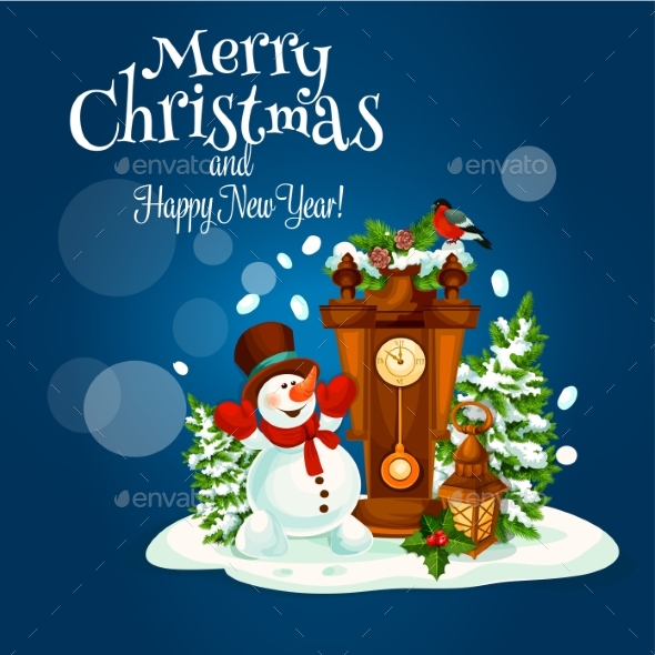 Christmas and New Year Poster with Snowman - Christmas Seasons/Holidays