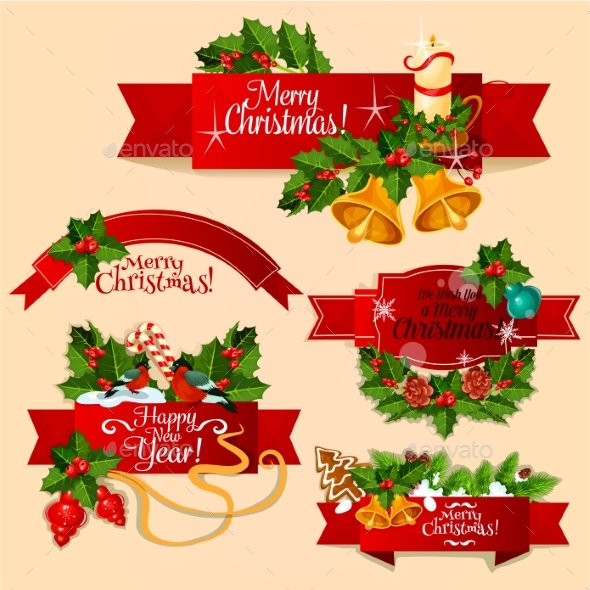 Christmas and New Year Red Ribbon Banner Set - Christmas Seasons/Holidays