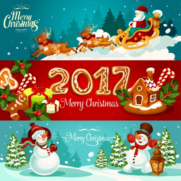 Christmas Banner Set with Gift, Santa and Snowman - Christmas Seasons/Holidays