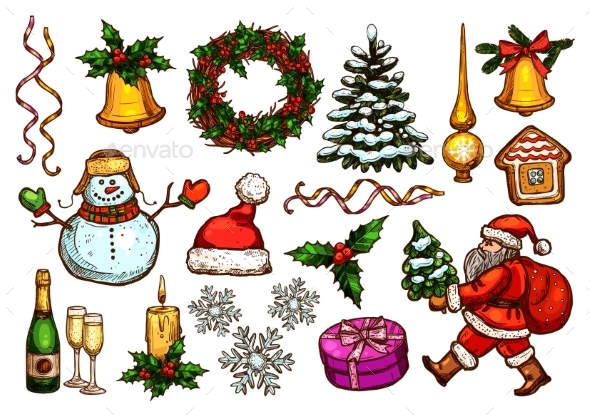 Christmas Day, New Year Celebration Sketch Set - Christmas Seasons/Holidays