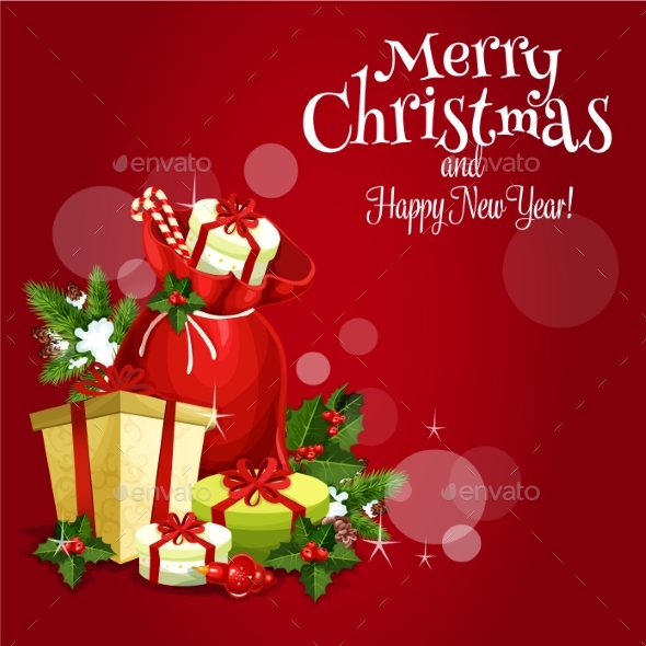 Santas Gift with Holly and Pine for Xmas Design - Christmas Seasons/Holidays
