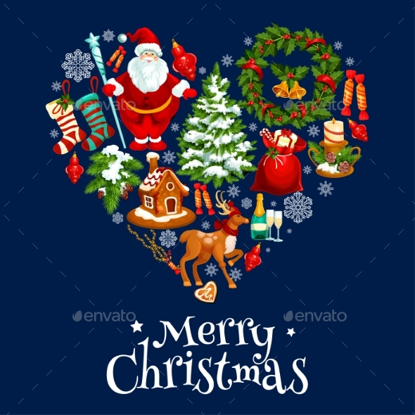 Christmas and New Year Poster in Shape of a Heart - Christmas Seasons/Holidays