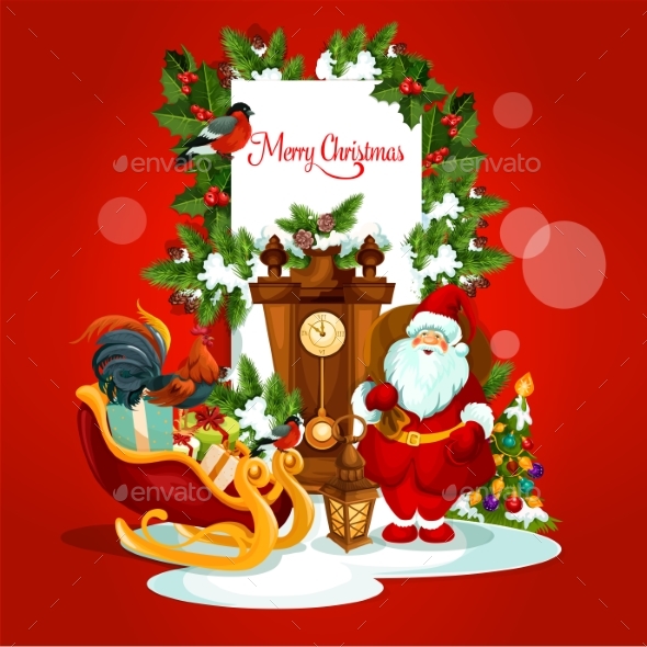 Christmas Greeting Card with Santa and Gift - Christmas Seasons/Holidays