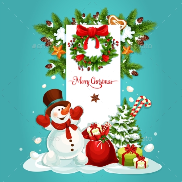 Christmas Snowman with Gift Greeting Card Design - Christmas Seasons/Holidays