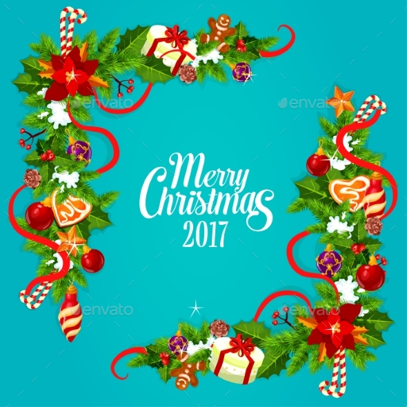 Christmas Card with Holly and Pine Garland Corner - Christmas Seasons/Holidays