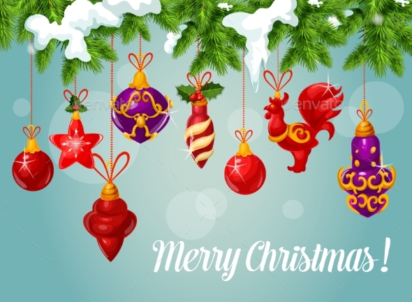 Christmas Ball on Pine Branch Greeting Card - Christmas Seasons/Holidays