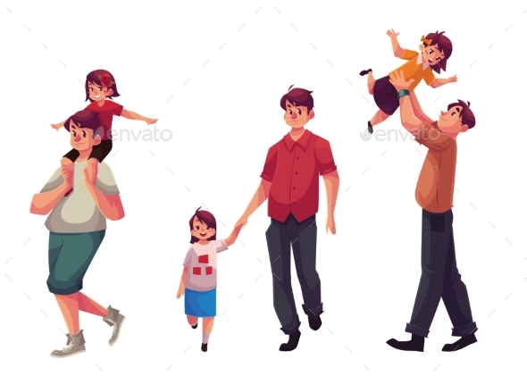 Dad with His Little Daughter Playing and Walking - People Characters