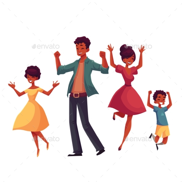 Cheerful Cartoon Style Family Jumping - People Characters