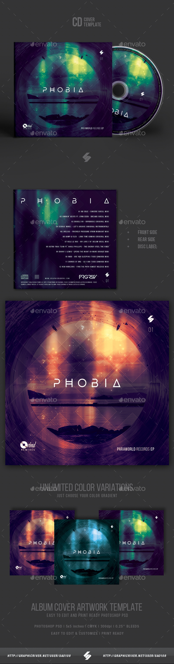 Phobia - Progressive Sound CD Cover Template - CD & DVD Artwork Print Templates