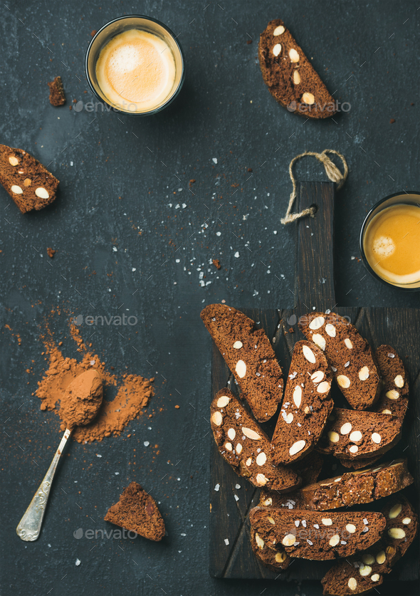 Biscotti with sea salt, almonds and coffee, copy space - Stock Photo - Images