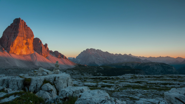 Sunset in the Mountains and the Pyramid of Balanced Stones alt