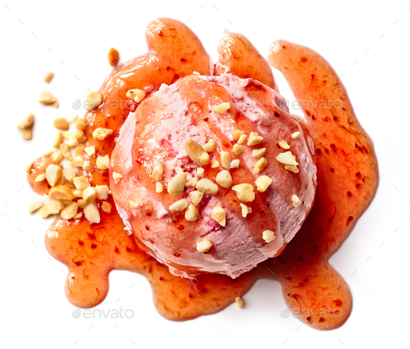 Ice cream ball with strawberry pieces Stock Photo by magone