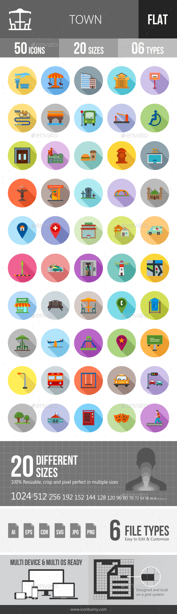 Town Flat Shadowed Icons - Icons