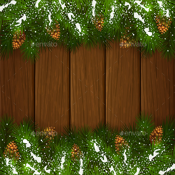 Christmas Fir Tree Branches with Pinecone on Wooden Background - Christmas Seasons/Holidays