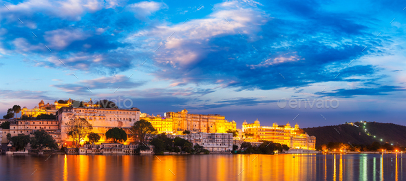 Udaipur City Palace in the evening. Rajasthan, India - Stock Photo - Images