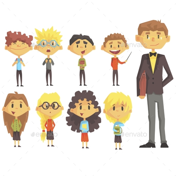 Elementary School Group of Schoolchildren - People Characters
