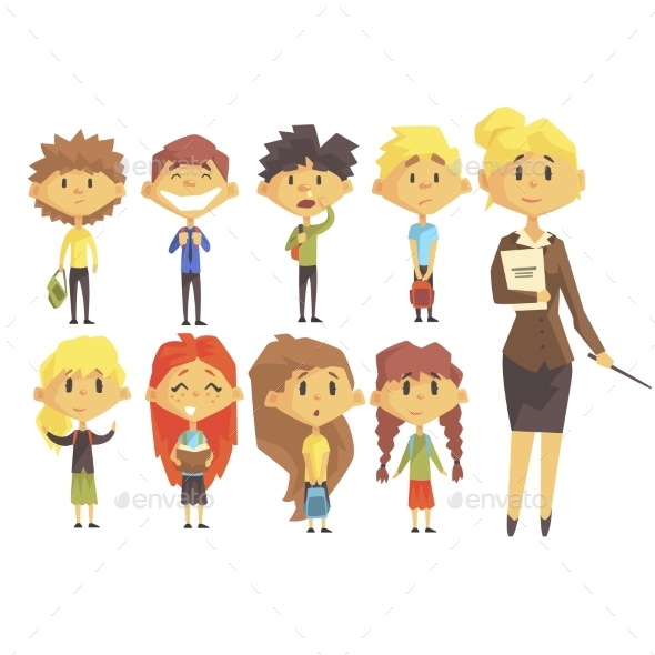 Elementary School Group of Schoolchildren - People Characters