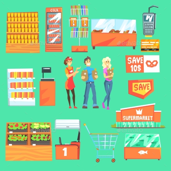 People Shopping for Groceries in Supermarket - Food Objects
