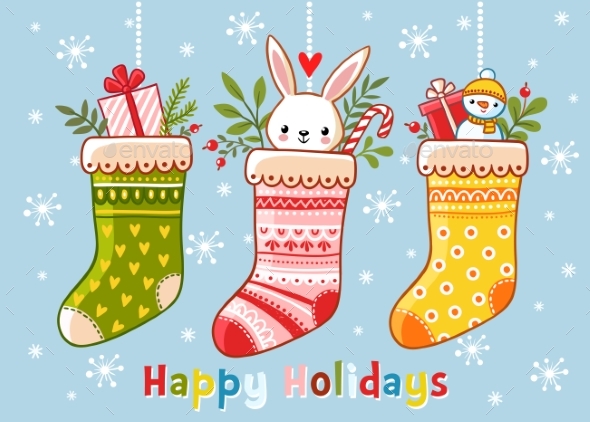 Christmas Illustration with Socks and Gifts - Christmas Seasons/Holidays