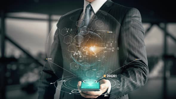 Businessman with Big Data Hologram Concept 2nd version alt