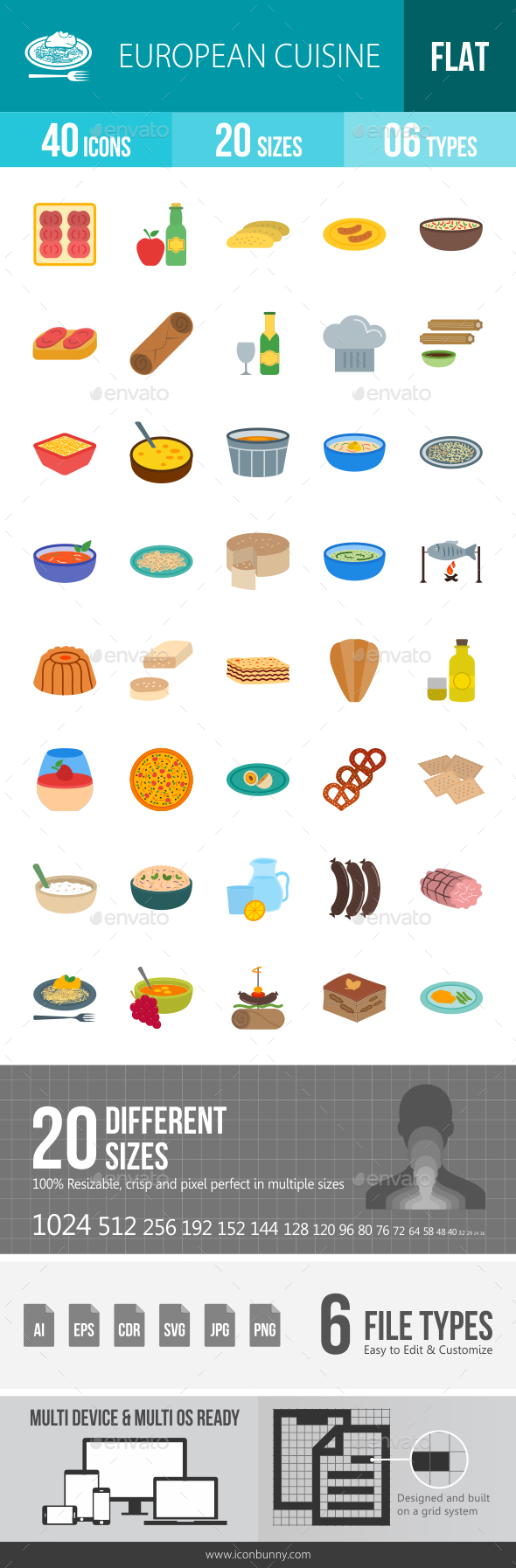 European Cuisine Flat Multicolor Icons - Icons