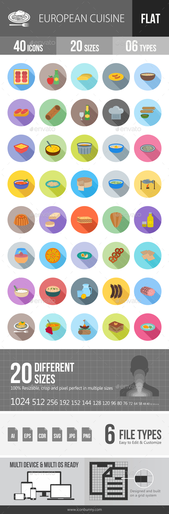 European Cuisine Flat Shadowed Icons - Icons