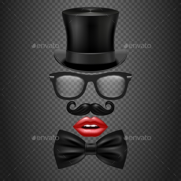 Mustache, Bow Tie, Glasses, Red Girl Lips - Objects Vectors