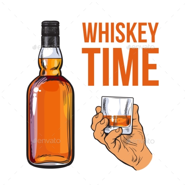 Whiskey Bottle and Hand Holding Full Shot Glass - Backgrounds Decorative