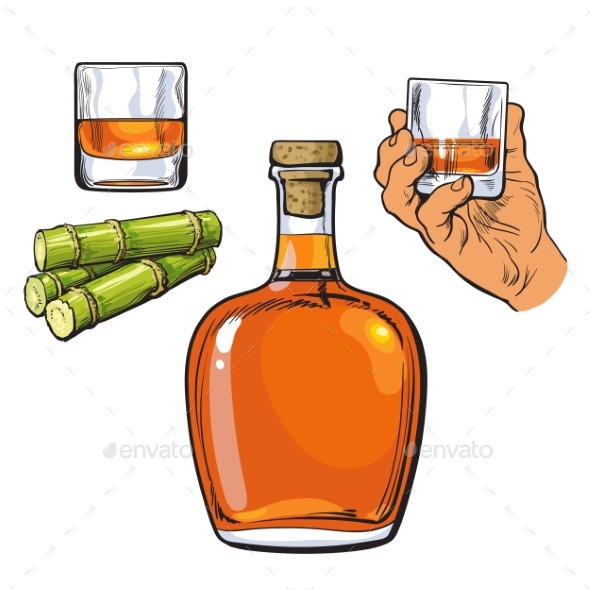 Rum Bellied Bottle, Hand Holding Shot Glass - Backgrounds Decorative