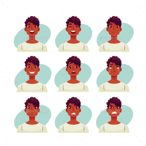 Set of Young African Man Face Expression Avatars - People Characters