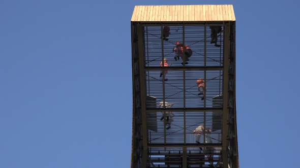 Brave People Tourists Walk on Transparent Floor High in Sky on Observation Place Tower.