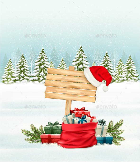Winter Background With Gift Boxes And A Wooden Sign - Christmas Seasons/Holidays