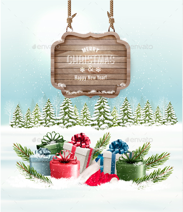 Winter Background With Gift Boxes And A Wooden Sign - Christmas Seasons/Holidays