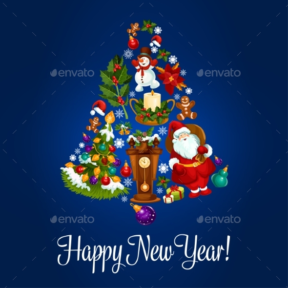 Happy New Year Poster of Christmas Symbols - New Year Seasons/Holidays