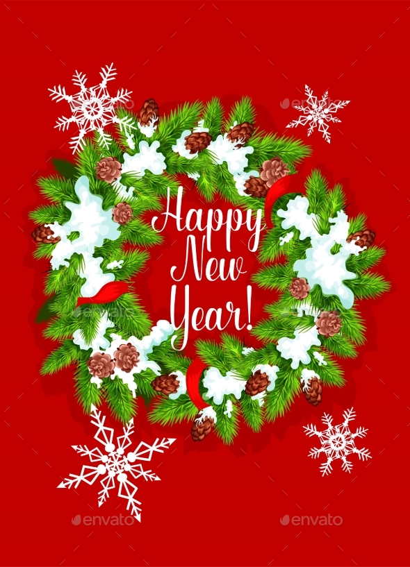 Pine, Fir Wreath. Happy New Year Greeting Card - New Year Seasons/Holidays