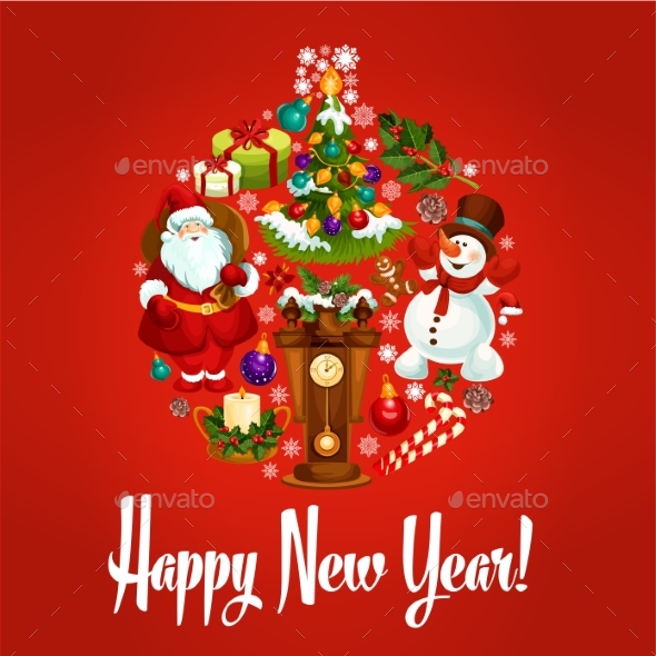 Happy New Year Poster. Ornament Ball Symbol - New Year Seasons/Holidays