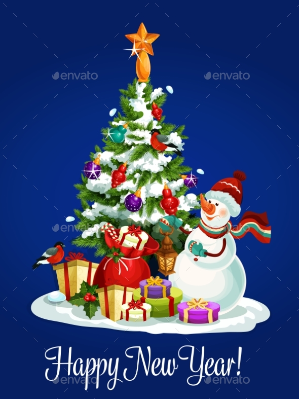 Happy New Year Poster of Christmas Tree, Snowman - New Year Seasons/Holidays