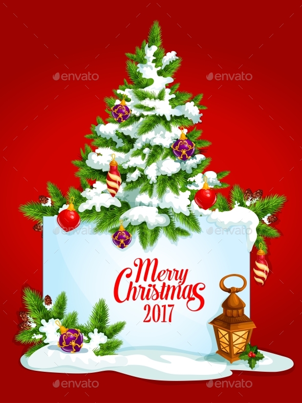 Merry Christmas Tree Vector Poster, Greeting Card - Christmas Seasons/Holidays