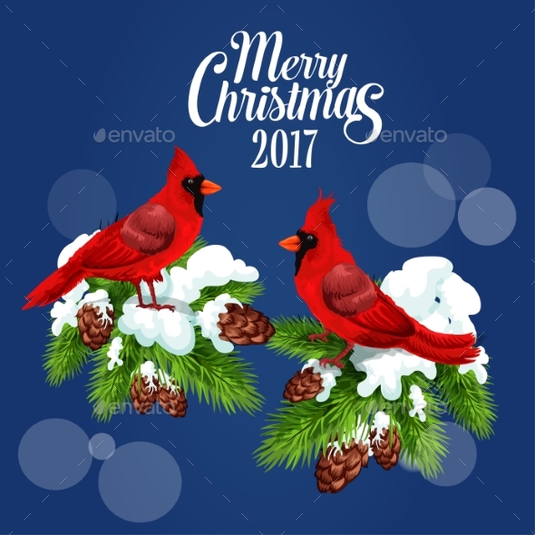 Merry Christmas Greeting Poster, Red Bird Cardinal - Christmas Seasons/Holidays