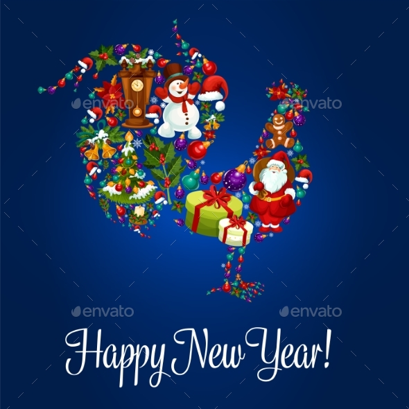 Happy New Year Greeting Poster, Rooster Symbol - New Year Seasons/Holidays