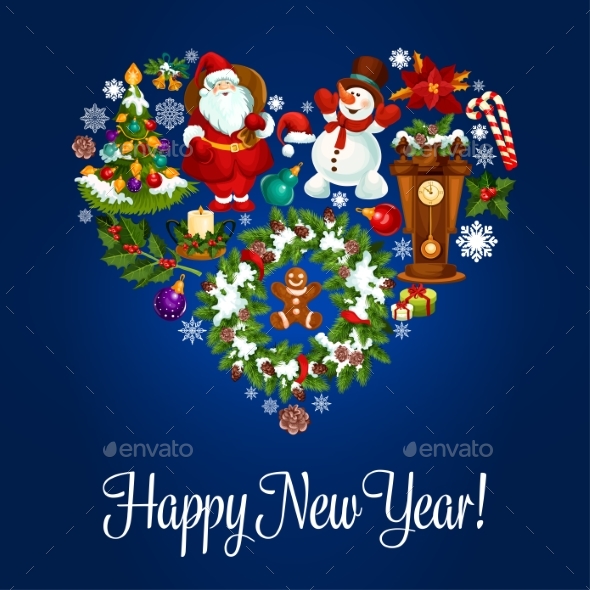 Happy New Year Greeting Poster in Heart Shape - New Year Seasons/Holidays